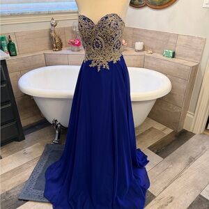 High End Anny Lee Elegant Blue and Gold Strapless Corset Style Evening Gown S